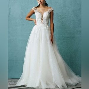 Off white cap sleeve long wedding gown bridal dress